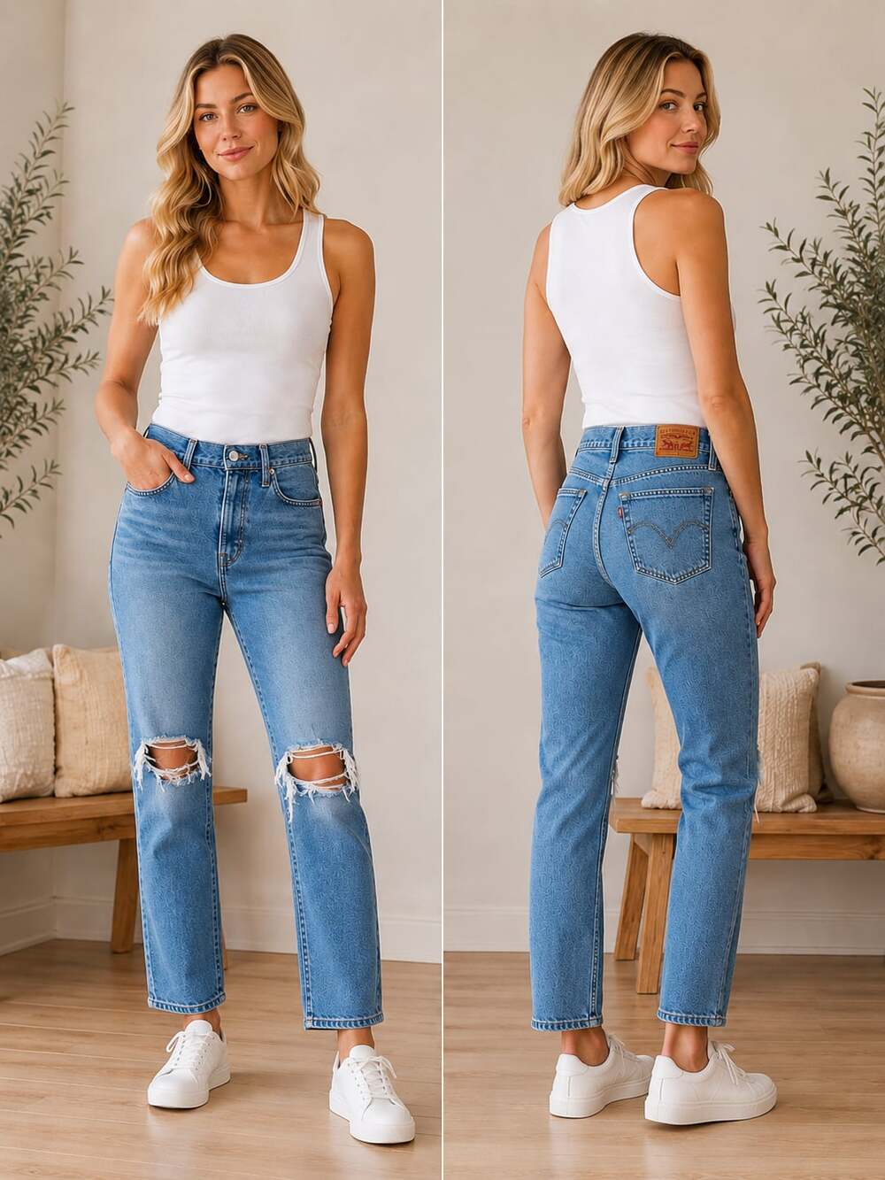 Levi’s Wedgie Straight Jeans 26 High Rise Distressed Knee Button Fly Blue